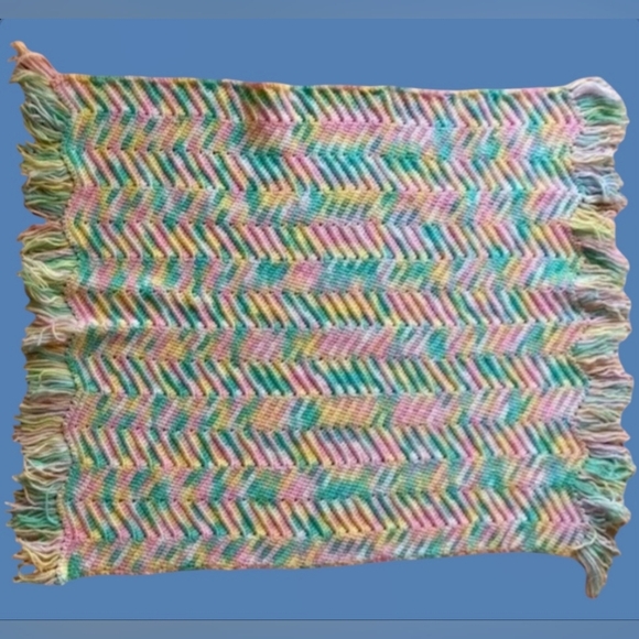 Vintage Other - VTG HANDMADE CROCHET AFGHAN KNIT BABY BLANKET ZIG ZAG CHEVRON PASTEL 53" X 37"